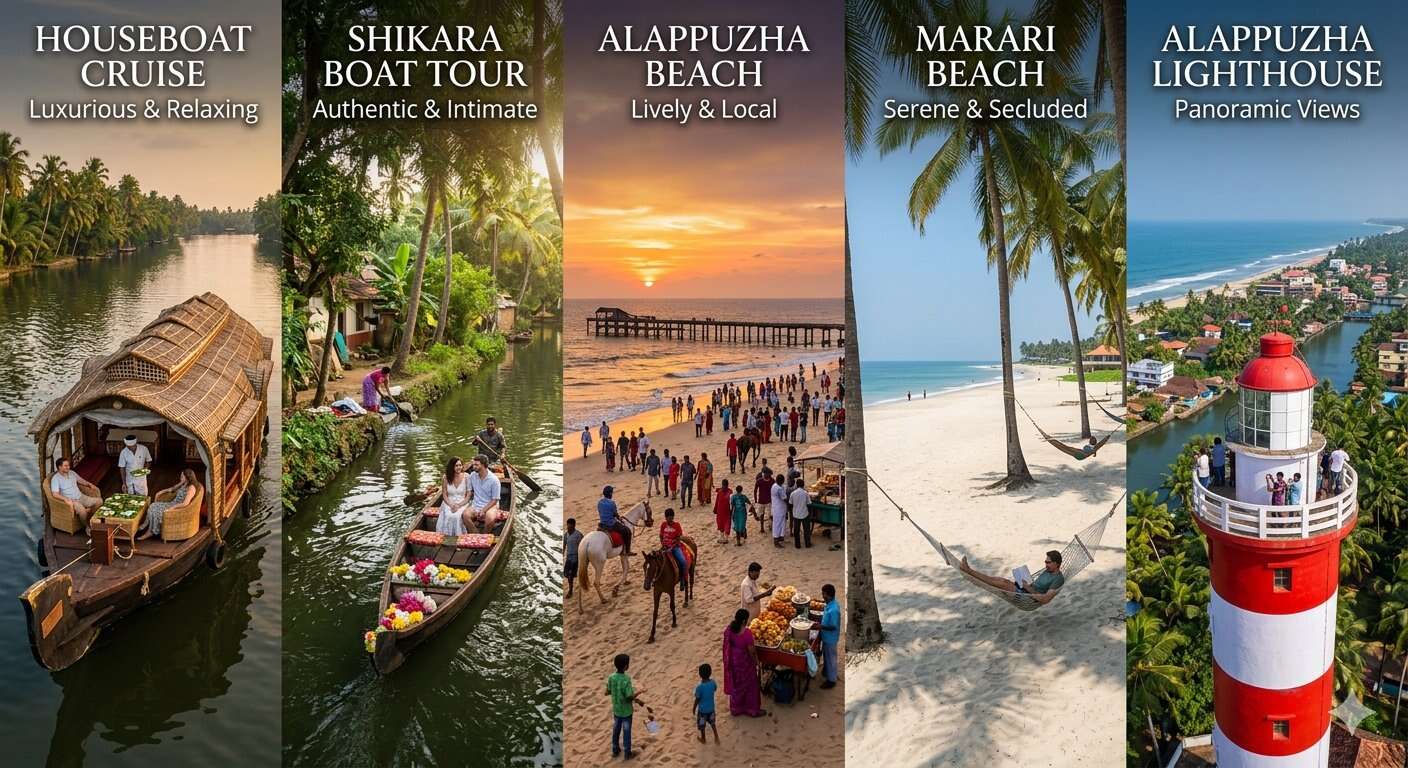 A visual guide to houseboats, shikara rides, beaches, and the Alappuzha lighthouse