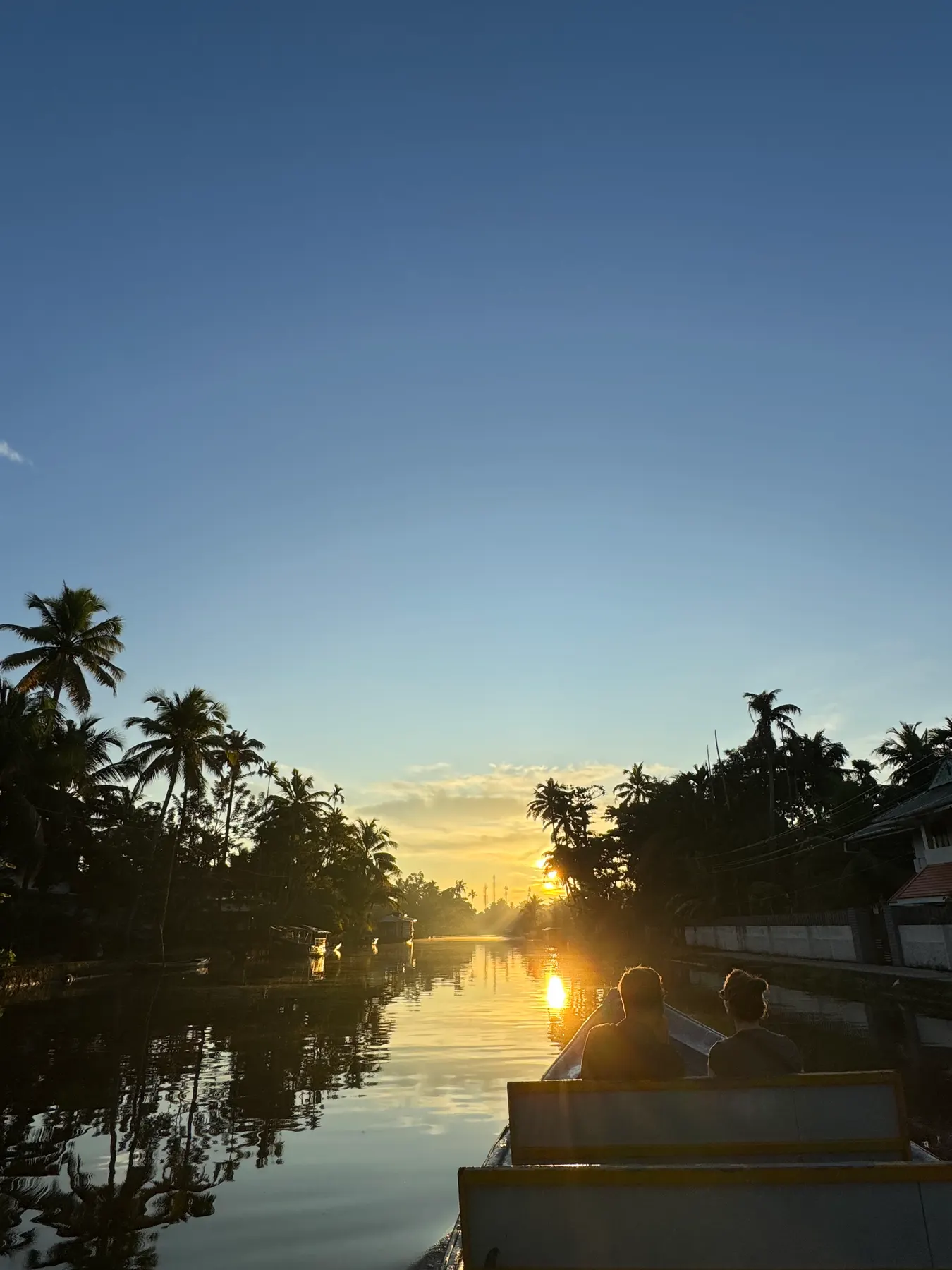 Low sun over a still backwater canal, with two passengers in the bow of a boat and palm-lined banks reflected in the water