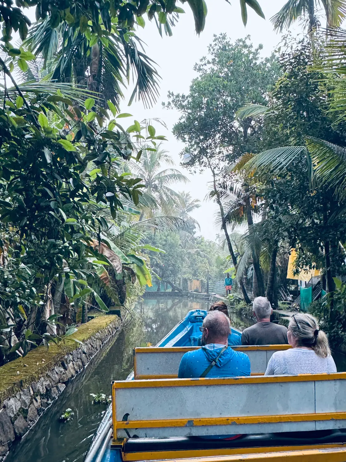 Passengers on a boat travelling down a narrow village canal under a canopy of palms and trees