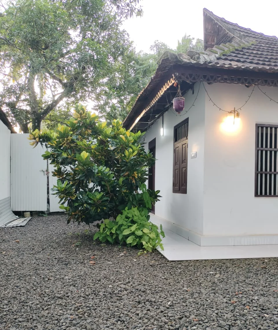 The corner of the heritage house beside a leafy croton bush, with a tiled roof and a glowing wall lamp
